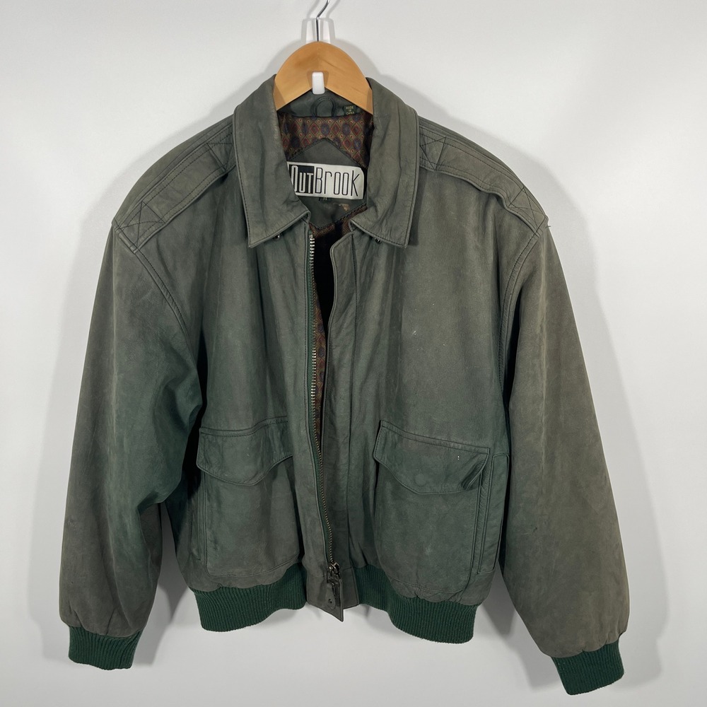 Vintage Leather Suede Mens Bomber Jacket M Green Oversized Biker Trucker Concert